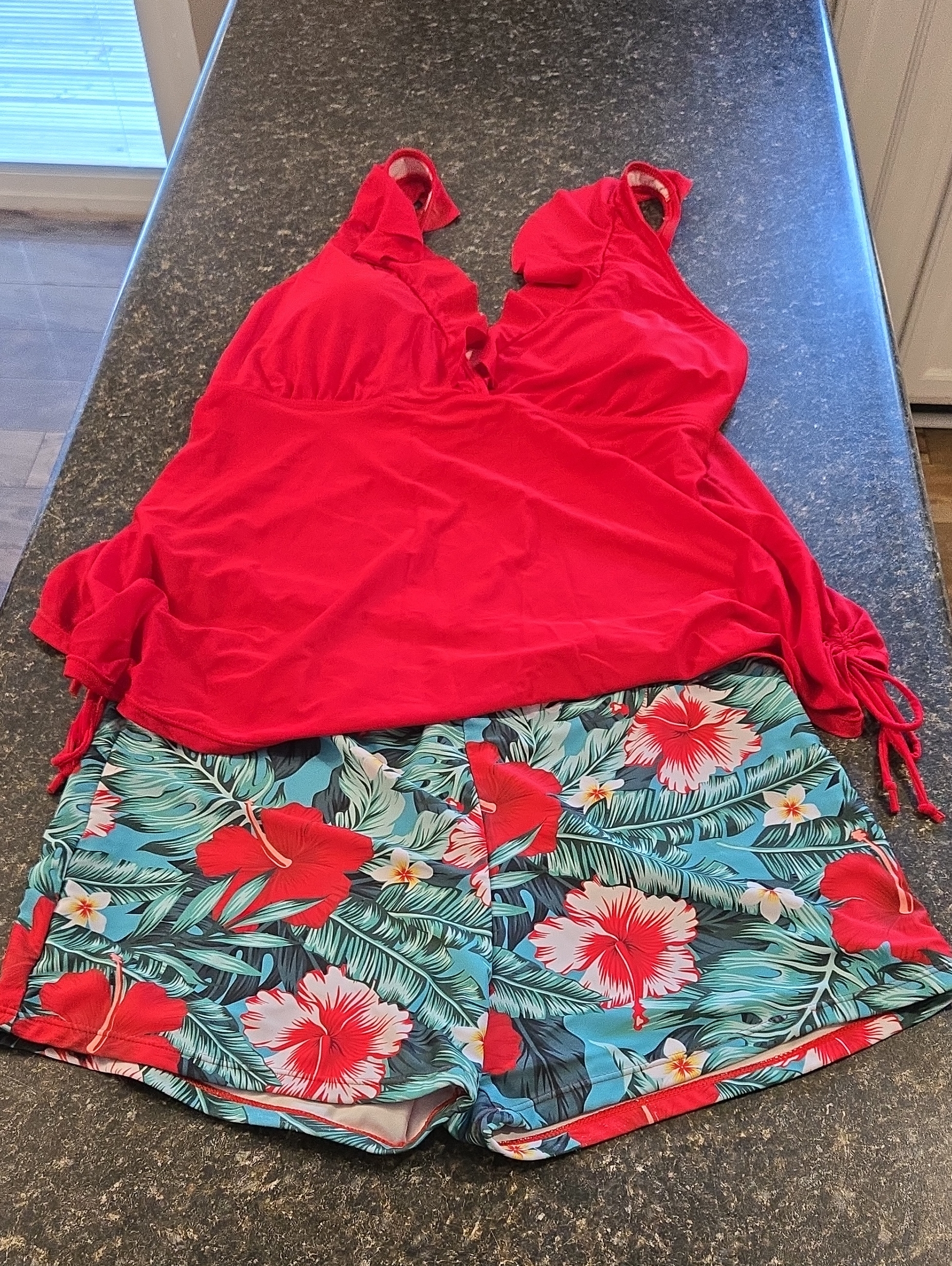 Vibrant Red Tankini With Tropical Floral Swim Shorts